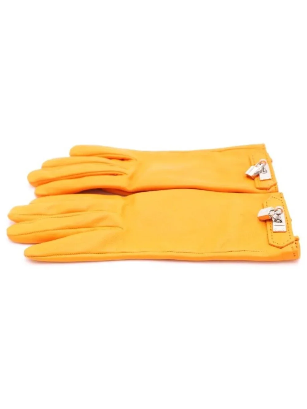 Hermes Kelly Buckle Cadena Lambskin Leather Gloves Silver Orange